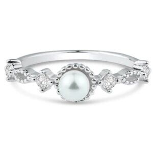 Sterling Silver 925 Rhodium Plated Synthetic Pearl Center Clear CZ Ring